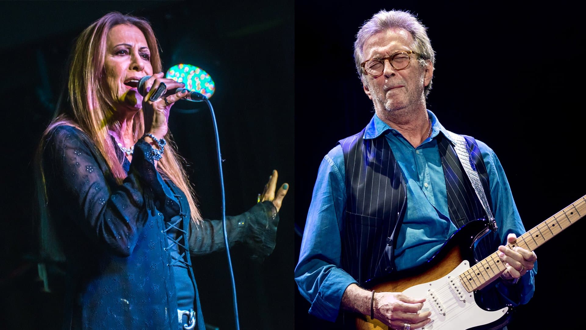Rita Coolidge đang hát trên sân khấu (trái) và Eric Clapton với cây Stratocaster (phải)
