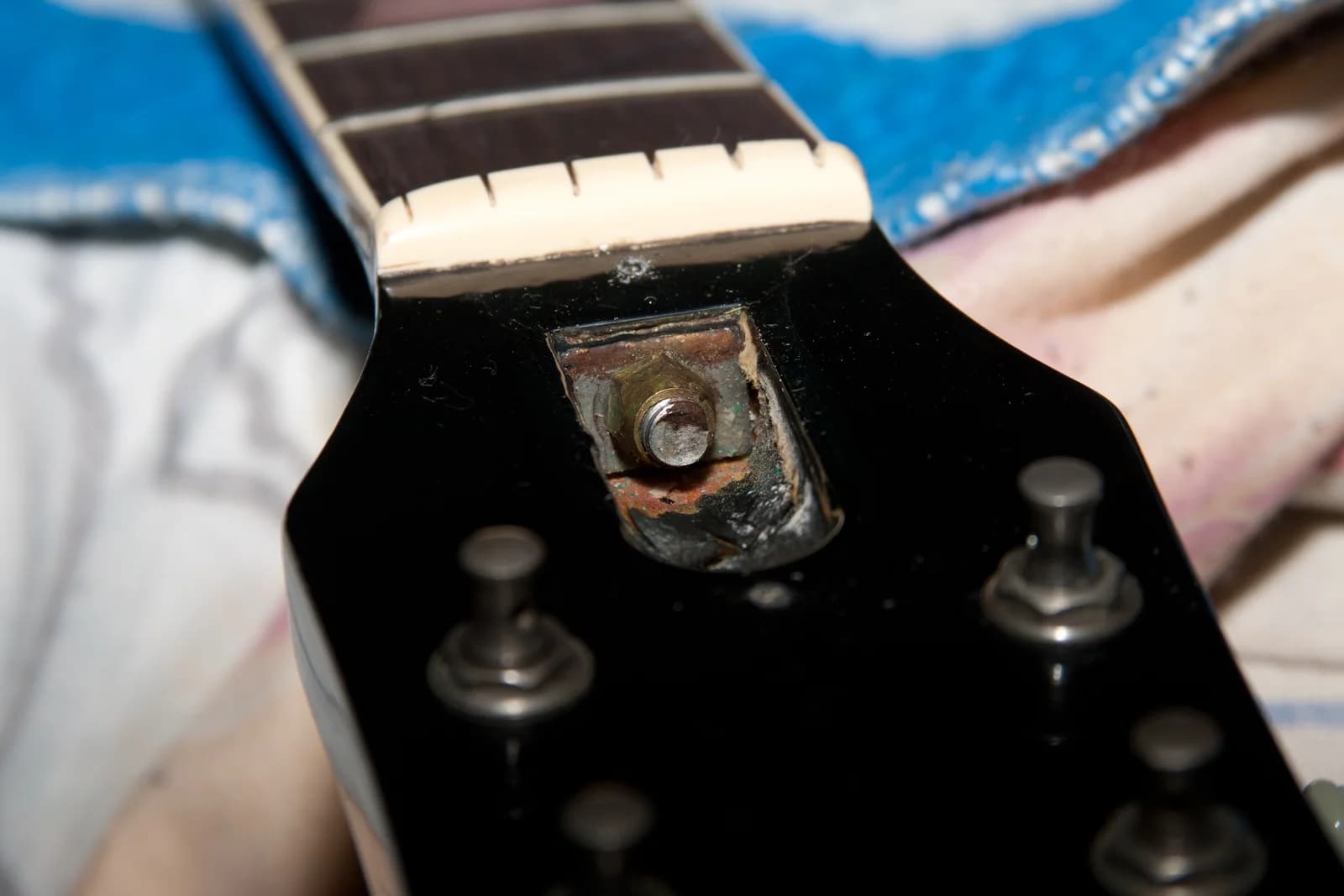 The truss rod nut at the headstock, exposed after the cover is removed. Photo: Daniil Ulanov, CC BY 2.0