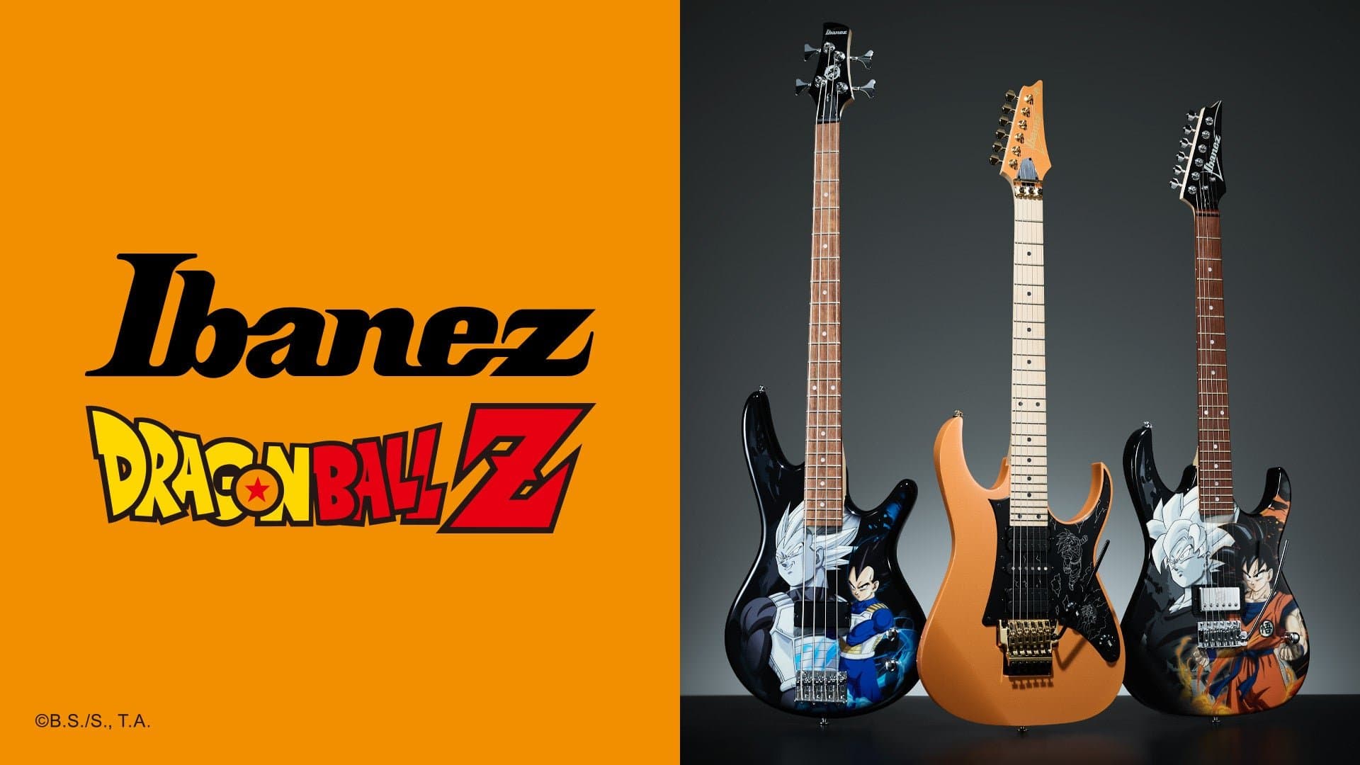 베이스, Made in Japan RG와 일렉트릭 기타가 담긴 Ibanez x Dragon Ball Z 키 비주얼. (출처: Ibanez)