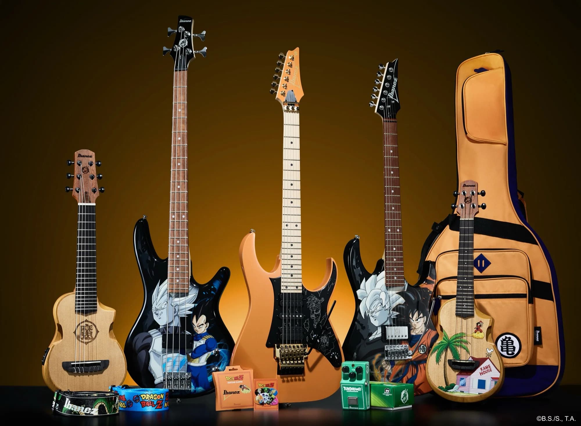 피콜로 기타부터 긱백까지 이어지는 Ibanez x Dragon Ball Z 전체 라인업. (출처: Ibanez)